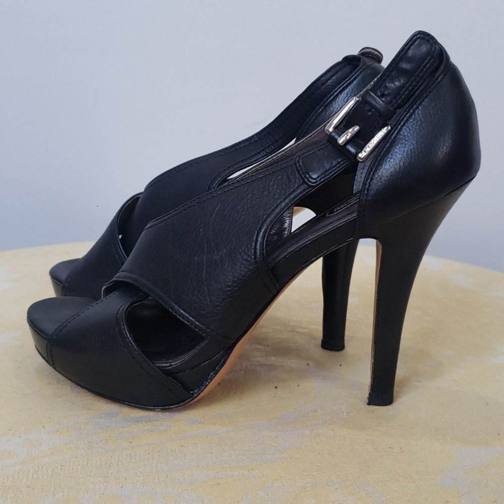 COACH Shoe Womens sz 6.5 Adelle Calf Black Sandal 4” Heel - Picture 5 of 8